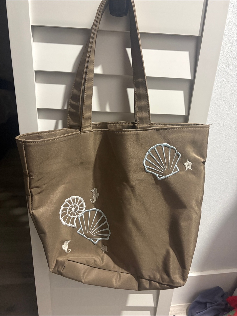 Canvas Shell Embroidered Tote — Tan